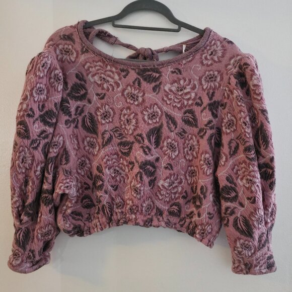 Free People Tops - Free People Crop Jacquard Blouse Top Puffy Long Sleeve Large Pink Floral